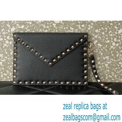 Valentino Rockstud Pouch Clutch Bag in Grainy Calfskin Black/Gold 2024