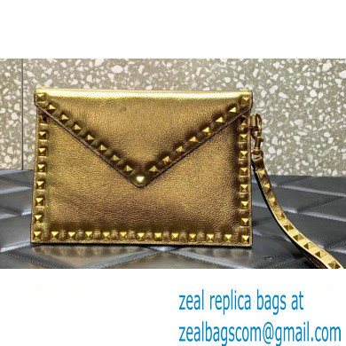 Valentino Rockstud Pouch Clutch Bag in Grainy Calfskin Gold 2024