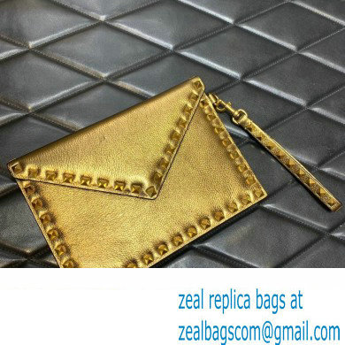 Valentino Rockstud Pouch Clutch Bag in Grainy Calfskin Gold 2024