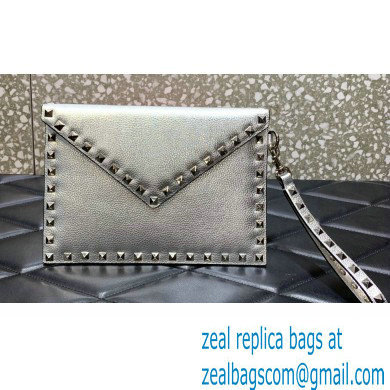 Valentino Rockstud Pouch Clutch Bag in Grainy Calfskin Silver 2024