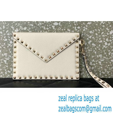 Valentino Rockstud Pouch Clutch Bag in Grainy Calfskin White 2024