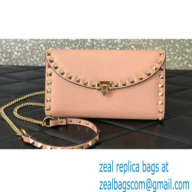 Valentino Rockstud Wallet With Chain in Grainy Calfskin Nude Pink 2024