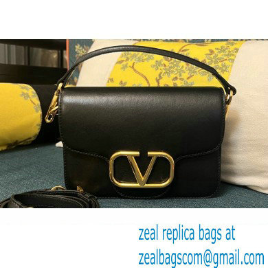 Valentino Small Loco Shoulder Bag In Calfskin Leather Black/Gold With Vlogo Signature 2024