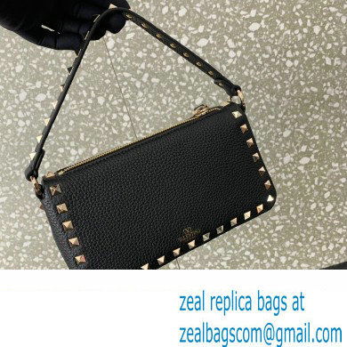 Valentino Small Rockstud Grainy Calfskin Crossbody Bag Black/Gold 2023 - Click Image to Close