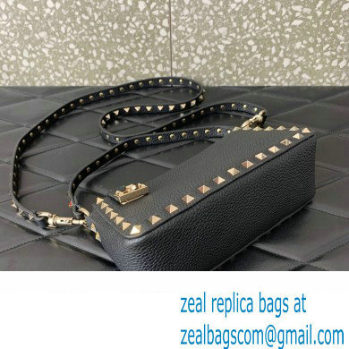 Valentino Small Rockstud Grainy Calfskin Crossbody Bag Black/Gold 2023 - Click Image to Close