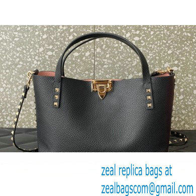 Valentino Small Rockstud Grainy Calfskin Tote Bag with Contrasting Lining 0044 Black 2023