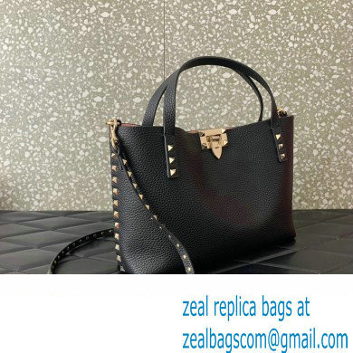 Valentino Small Rockstud Grainy Calfskin Tote Bag with Contrasting Lining 0044 Black 2023