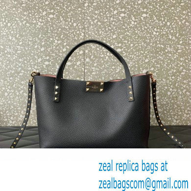 Valentino Small Rockstud Grainy Calfskin Tote Bag with Contrasting Lining 0044 Black 2023 - Click Image to Close