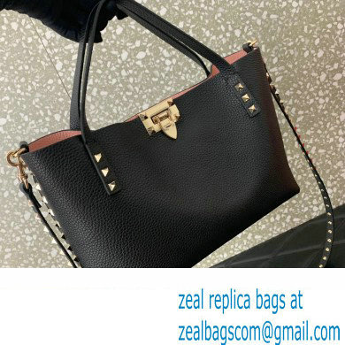 Valentino Small Rockstud Grainy Calfskin Tote Bag with Contrasting Lining 0044 Black 2023 - Click Image to Close