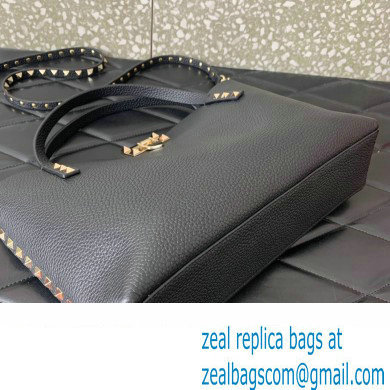 Valentino Small Rockstud Grainy Calfskin Tote Bag with Contrasting Lining 0044 Black 2023 - Click Image to Close