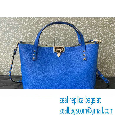 Valentino Small Rockstud Grainy Calfskin Tote Bag with Contrasting Lining 0044 Blue 2023 - Click Image to Close