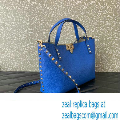 Valentino Small Rockstud Grainy Calfskin Tote Bag with Contrasting Lining 0044 Blue 2023 - Click Image to Close