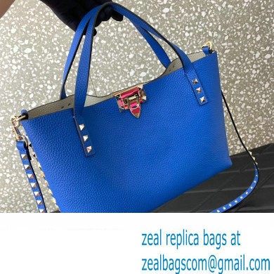 Valentino Small Rockstud Grainy Calfskin Tote Bag with Contrasting Lining 0044 Blue 2023 - Click Image to Close