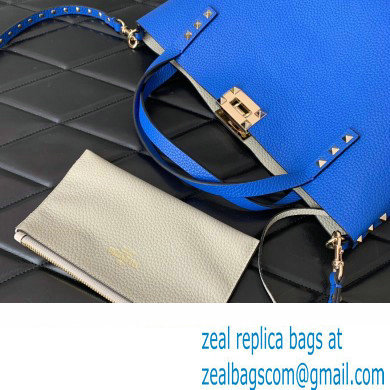 Valentino Small Rockstud Grainy Calfskin Tote Bag with Contrasting Lining 0044 Blue 2023 - Click Image to Close