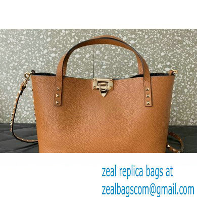 Valentino Small Rockstud Grainy Calfskin Tote Bag with Contrasting Lining 0044 Brown 2023