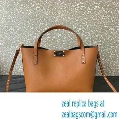 Valentino Small Rockstud Grainy Calfskin Tote Bag with Contrasting Lining 0044 Brown 2023