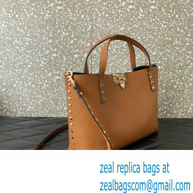 Valentino Small Rockstud Grainy Calfskin Tote Bag with Contrasting Lining 0044 Brown 2023 - Click Image to Close