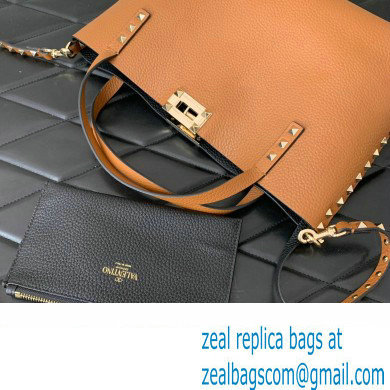 Valentino Small Rockstud Grainy Calfskin Tote Bag with Contrasting Lining 0044 Brown 2023