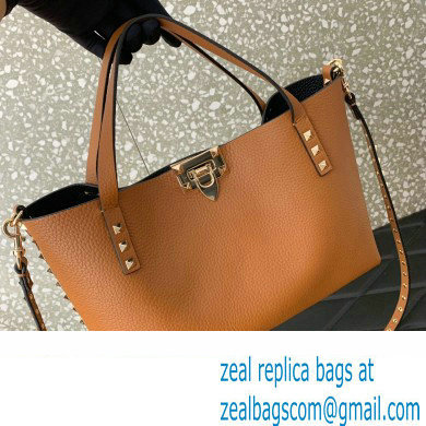 Valentino Small Rockstud Grainy Calfskin Tote Bag with Contrasting Lining 0044 Brown 2023 - Click Image to Close