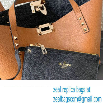 Valentino Small Rockstud Grainy Calfskin Tote Bag with Contrasting Lining 0044 Brown 2023 - Click Image to Close