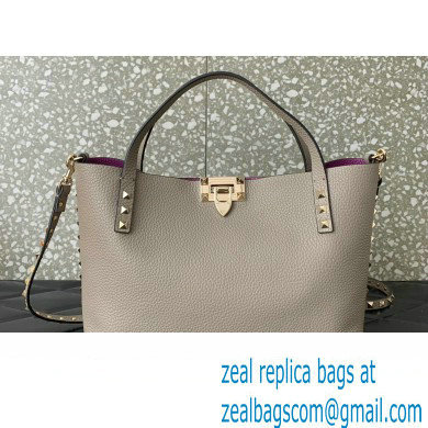 Valentino Small Rockstud Grainy Calfskin Tote Bag with Contrasting Lining 0044 Dove Gray 2023