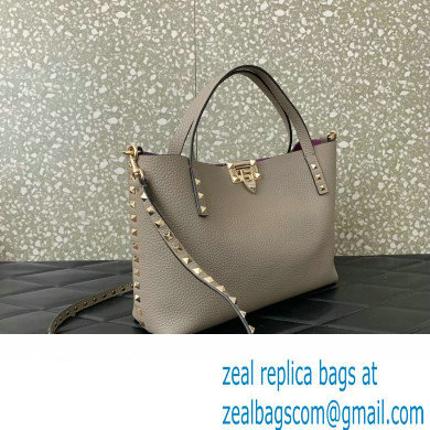 Valentino Small Rockstud Grainy Calfskin Tote Bag with Contrasting Lining 0044 Dove Gray 2023 - Click Image to Close