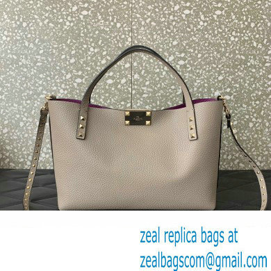 Valentino Small Rockstud Grainy Calfskin Tote Bag with Contrasting Lining 0044 Dove Gray 2023 - Click Image to Close