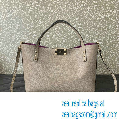 Valentino Small Rockstud Grainy Calfskin Tote Bag with Contrasting Lining 0044 Dove Gray 2023