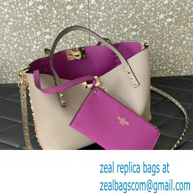 Valentino Small Rockstud Grainy Calfskin Tote Bag with Contrasting Lining 0044 Dove Gray 2023