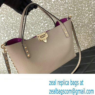 Valentino Small Rockstud Grainy Calfskin Tote Bag with Contrasting Lining 0044 Dove Gray 2023 - Click Image to Close