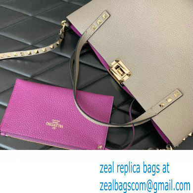 Valentino Small Rockstud Grainy Calfskin Tote Bag with Contrasting Lining 0044 Dove Gray 2023