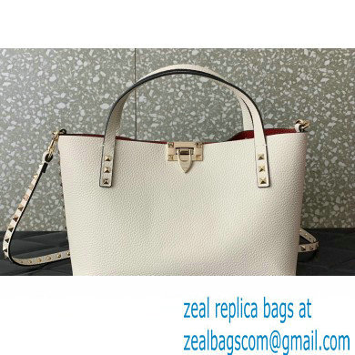 Valentino Small Rockstud Grainy Calfskin Tote Bag with Contrasting Lining 0044 White 2023