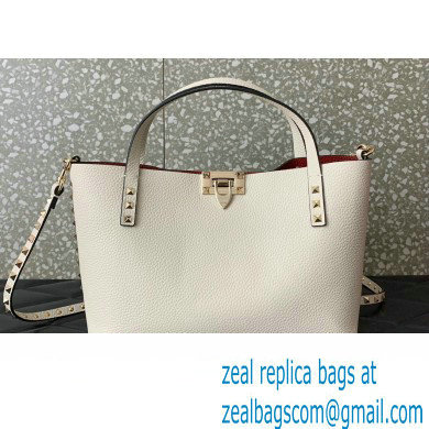 Valentino Small Rockstud Grainy Calfskin Tote Bag with Contrasting Lining 0044 White 2023 - Click Image to Close