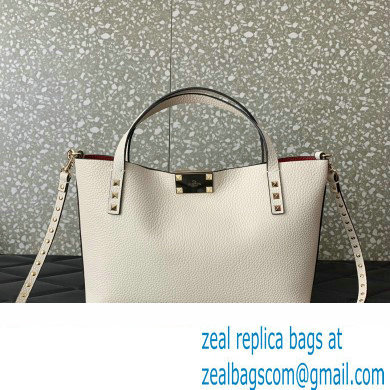 Valentino Small Rockstud Grainy Calfskin Tote Bag with Contrasting Lining 0044 White 2023 - Click Image to Close
