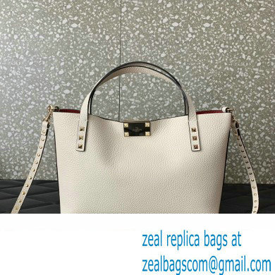 Valentino Small Rockstud Grainy Calfskin Tote Bag with Contrasting Lining 0044 White 2023