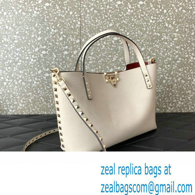 Valentino Small Rockstud Grainy Calfskin Tote Bag with Contrasting Lining 0044 White 2023 - Click Image to Close