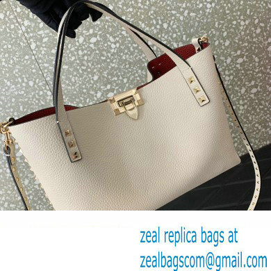 Valentino Small Rockstud Grainy Calfskin Tote Bag with Contrasting Lining 0044 White 2023