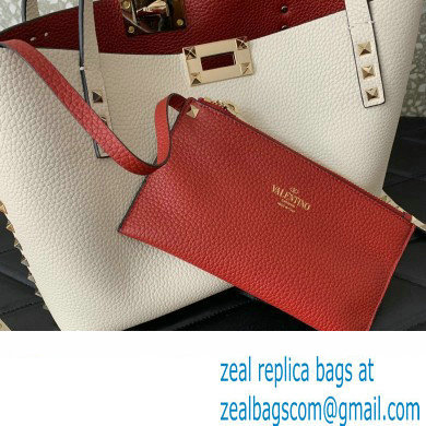 Valentino Small Rockstud Grainy Calfskin Tote Bag with Contrasting Lining 0044 White 2023
