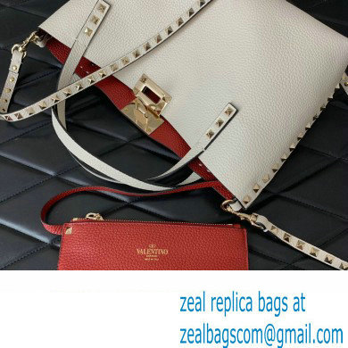 Valentino Small Rockstud Grainy Calfskin Tote Bag with Contrasting Lining 0044 White 2023 - Click Image to Close
