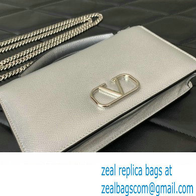 Valentino Vlogo Signature Wallet With Chain in Grainy Calfskin Silver 2024