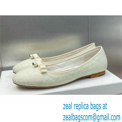 Dior Ballet Flats with Grosgrain bow and Pearl in WHITE Quilted Cannage Calfskin 2024
