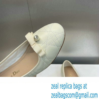 Dior Ballet Flats with Grosgrain bow and Pearl in WHITE Quilted Cannage Calfskin 2024