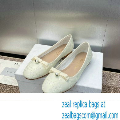 Dior Ballet Flats with Grosgrain bow and Pearl in WHITE Quilted Cannage Calfskin 2024