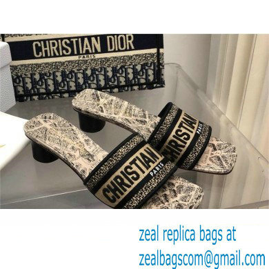 Dior Beige and Black Cotton Embroidered with Plan de Paris Motif Dway Heeled Slide 2024