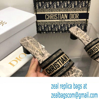 Dior Beige and Black Cotton Embroidered with Plan de Paris Motif Dway Heeled Slide 2024