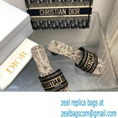 Dior Beige and Black Cotton Embroidered with Plan de Paris Motif Dway Heeled Slide 2024