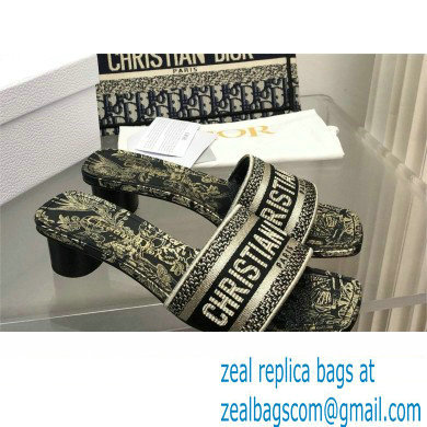 Dior Black and Gold-Tone Toile de Jouy Mexico Embroidered Cotton with Metallic Thread Dway Heeled Slide 2024