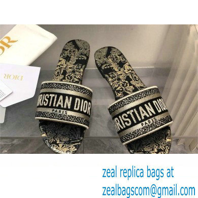 Dior Black and Gold-Tone Toile de Jouy Mexico Embroidered Cotton with Metallic Thread Dway Slide 2024