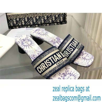 Dior Embroidered Cotton and White and Blue Toile de Jouy Soleil Motif Dway Heeled Slide 2024