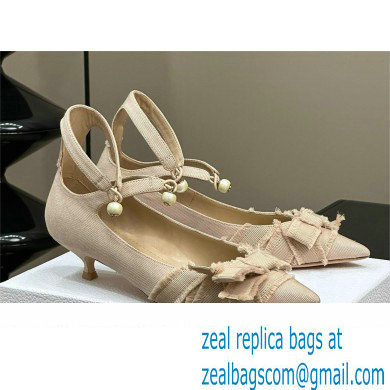 Dior Heel 4cm Adiorable Pumps in NUDE Fringed Grosgrain with Bow and Pearl 2024